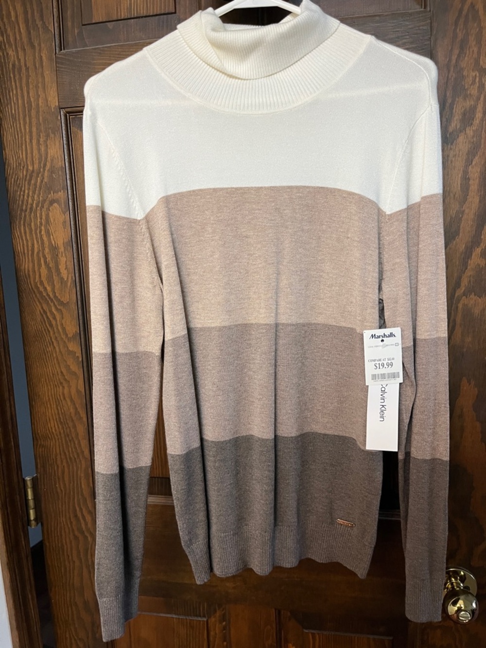 Calvin Klein Striped Turtleneck Sweater - Cream & Taupe & Brown